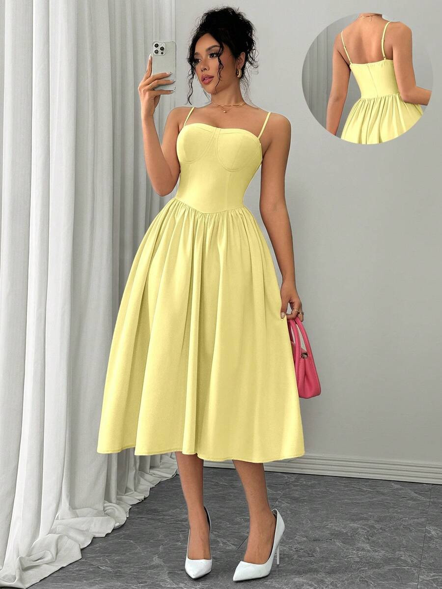 SHEIN Raffinéa Women's Fashionable & Versatile Suspender Waist Flare Hem Yellow Dress, Suitable ... | SHEIN
