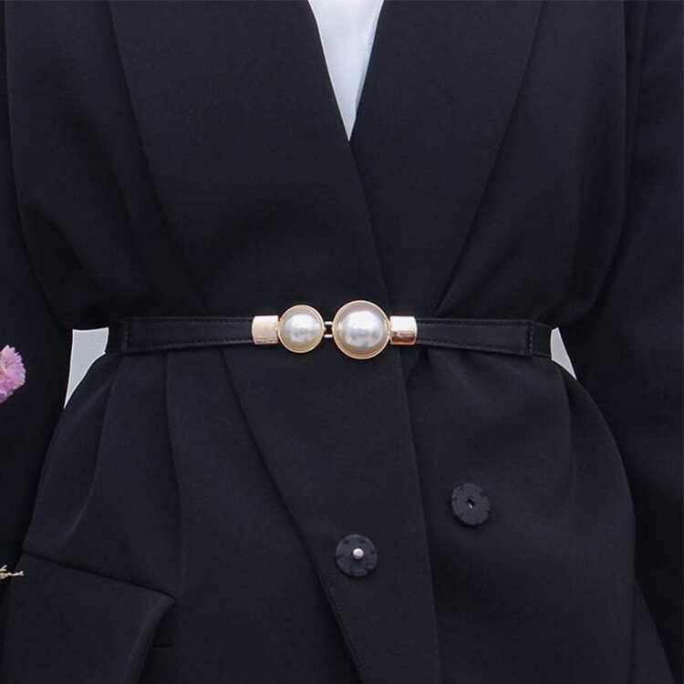 Elegant 1pc Ladies' Pearl Buckle Stretchy Thin Waist Belt, Suitable For Sweaters, Jackets And Dresses Summer, School Fall, Autumn, Halloween | SHEIN