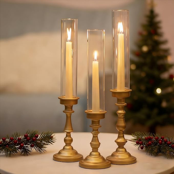 NUPTIO Hurricane Candle Holder for Centerpiece: Set of 3 Gold Candlestick Holders with Glass Shad... | Amazon (US)
