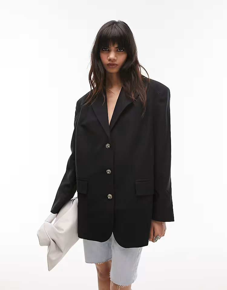Topshop high break oversized linen blazer in black | ASOS | ASOS (Global)