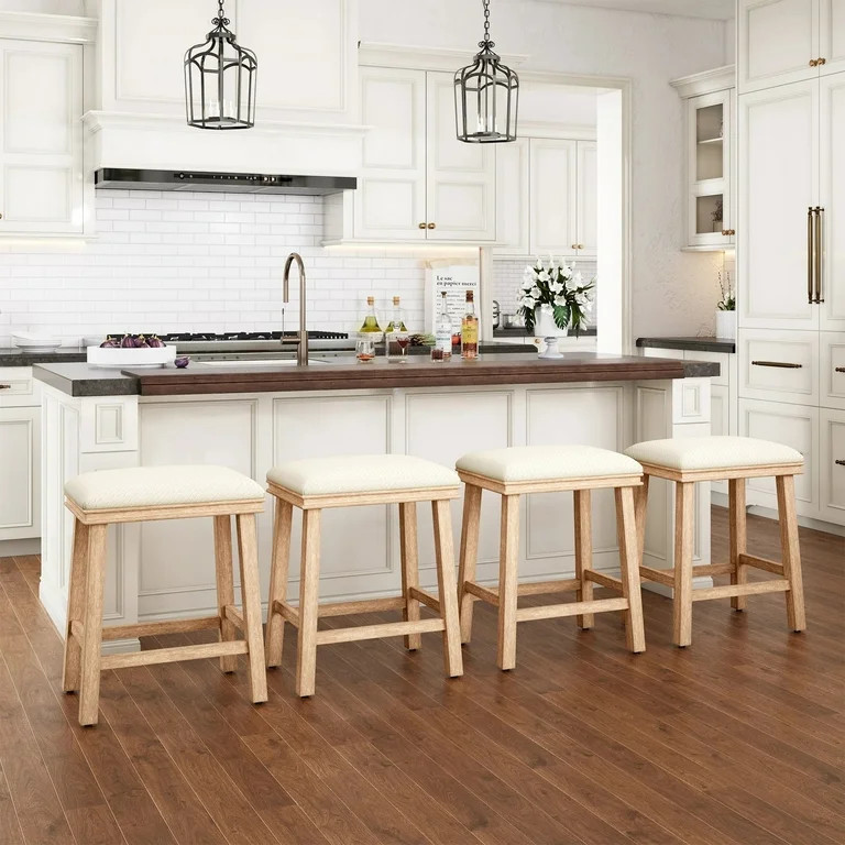 MF Studio 24" Counter Height Bar Stool Set of 4, PU Leather Padded Seat with Solid Wood Legs, Whi... | Walmart (US)