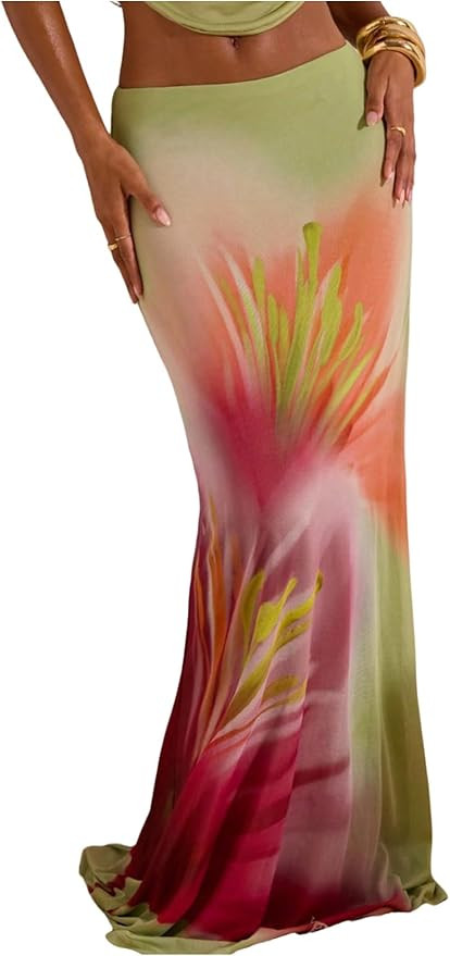 Milumia Women's Floral Low Waist Mesh Maxi Skirt Boho Bodycon Fishtail Long Skirts | Amazon (US)
