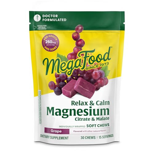 MegaFood Relax + Calm Magnesium Supplement - Soft Chews with Magnesium Citrate & Malate for Heart Health, Muscle Tension & More - Vegetarian - Grape-Flavor - 30 Chews (15 Servings) | Amazon (US)