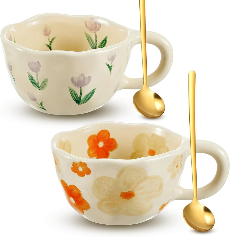 Vesici 2 Pcs Ceramic Coffee Mugs Flower Cups with Spoon Vintage Floral Mugs with Handle 8.5 oz Ae... | Amazon (US)