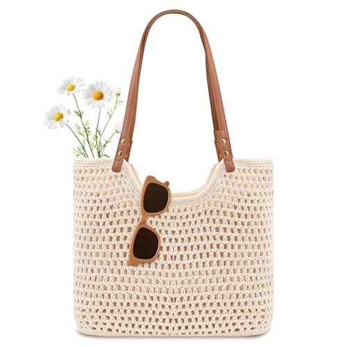 Peicees Crochet Beach Bag Purse, Boho Woven Tote with Leak-Proof Lining For Summer Vacation Trave... | Amazon (US)