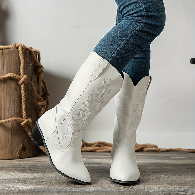 Women's Embroidered Solid Color Boots, Square Toe Cowgirl Style Boots, Casual Knee High Shoes | Temu Affiliate Program
