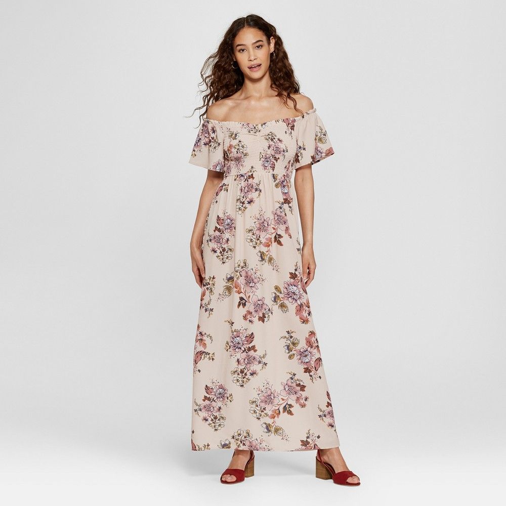 Women's Smocked Top Off the Shoulder Floral Maxi Dress - Xhilaration Blush XL | Target
