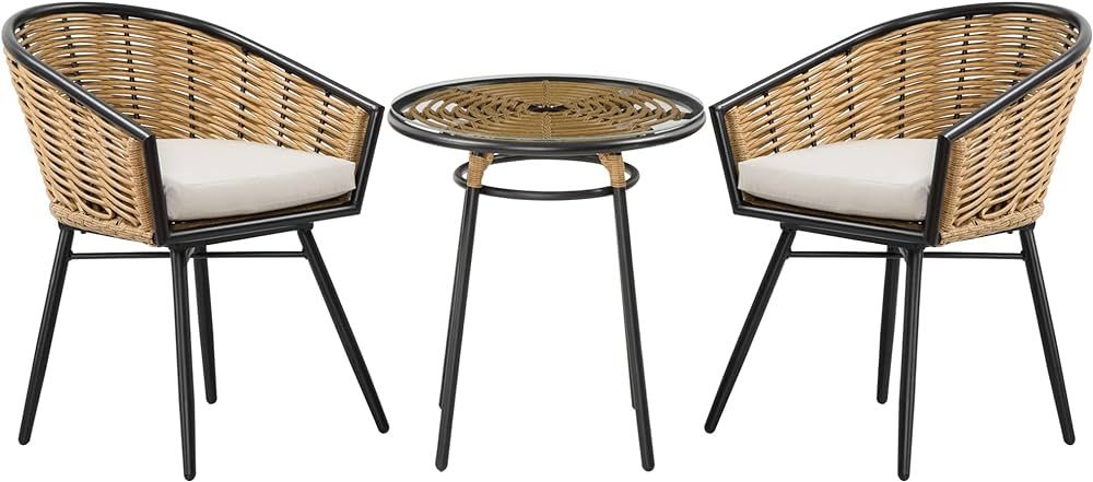 Outsunny 3 Pieces Patio PE Rattan Bistro Set, Outdoor Round Resin Wicker Coffee Set, w/ 2 Chairs ... | Amazon (US)
