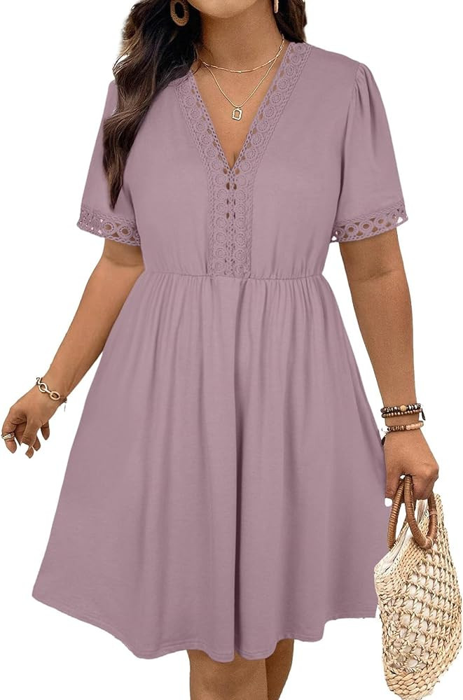 Eytino Womens Plus Size Dresses Short Sleeve Lace V Neck Hollow Out A Line Mini Dress 2026 Summer... | Amazon (US)