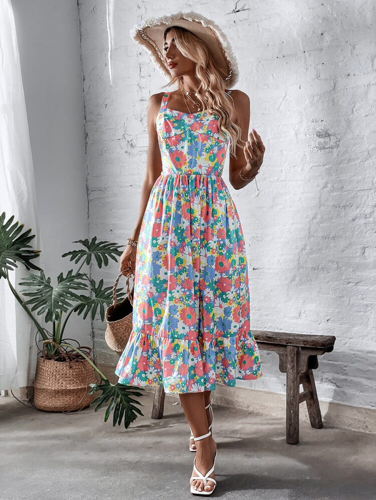 Random Floral Print Shirred Back Ruffle Hem Cami Dress | SHEIN