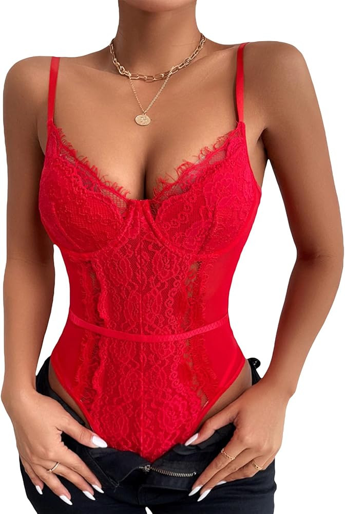 SheIn Women's Sheer Mesh Sleeveless Floral Lace Spaghetti Strap Cami Bodysuit Tops | Amazon (US)