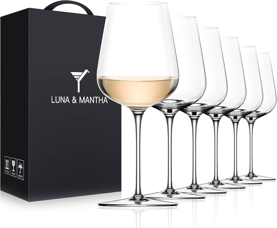 LUNA & MANTHA Wine Glasses Set of 6, Crystal White Wine Glasses with Long Stem, Hand Blown 14oz, ... | Amazon (US)