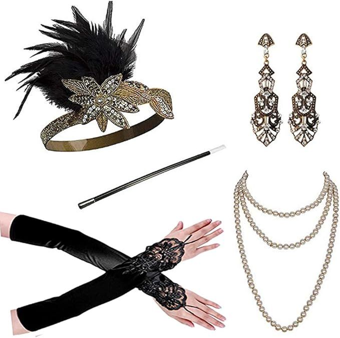 1920s Flapper Gatsby Costume Accessories Set 20s Flapper Headband Pearl Necklace Gloves Cigarette... | Amazon (US)