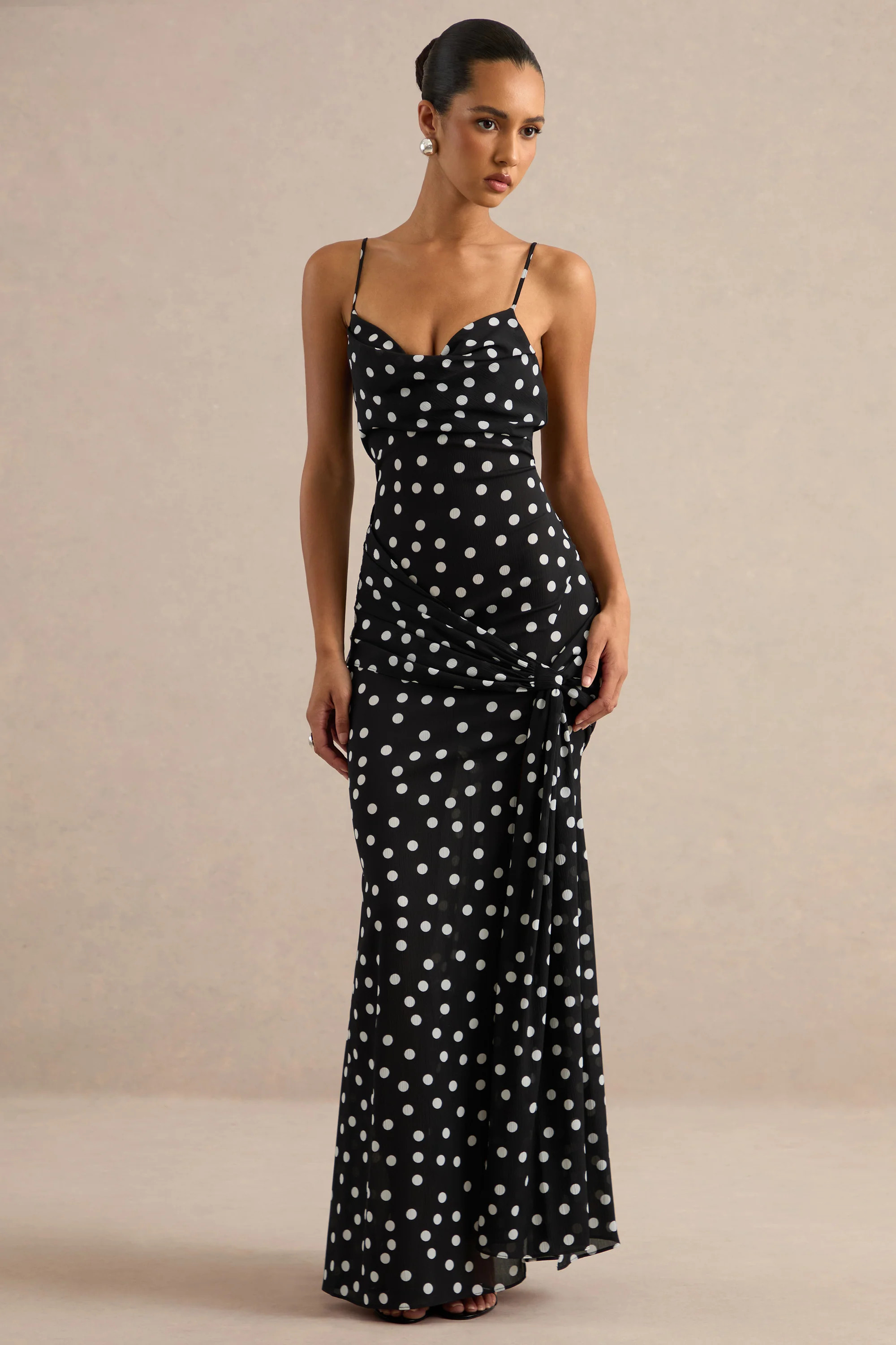 Virtue | Black & White Sheer Polka Dot Cowl-Neck Fishtail Maxi Dress W | Club L London