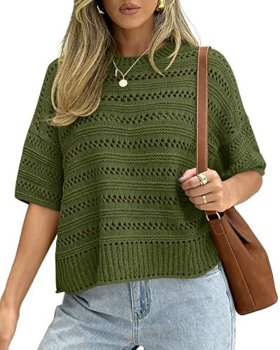KIRUNDO Summer Sweaters for Women 2026 Spring Boho Short Sleeve Crochet Hollow Out Knit Tops Loos... | Amazon (US)