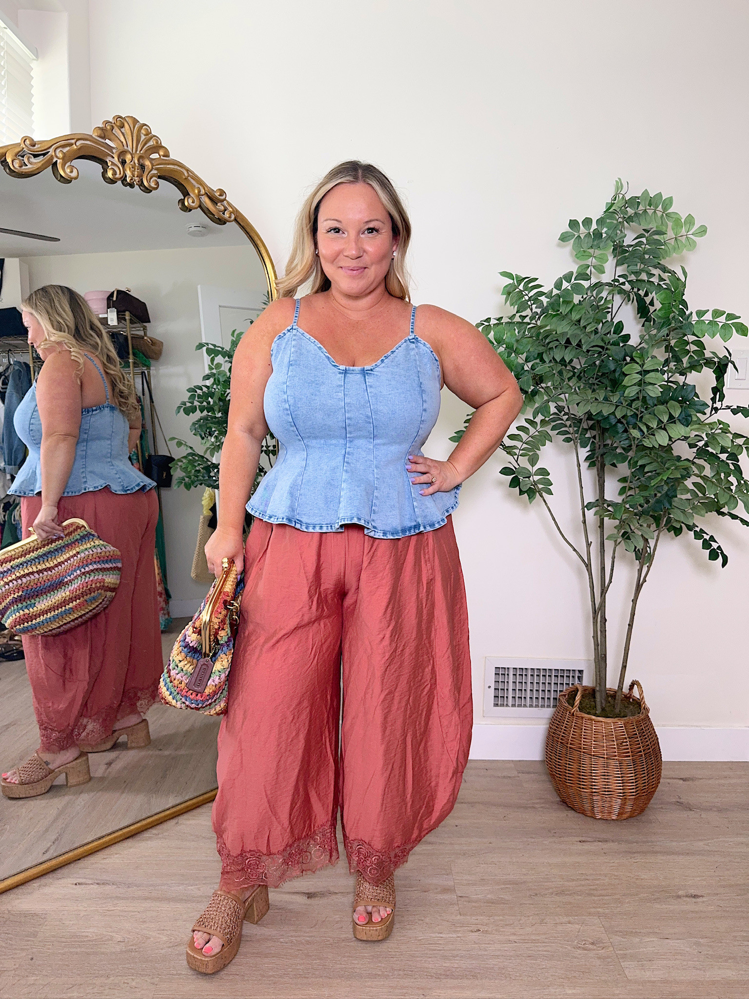 Wearing an XL top and large pants!

Love this outfit🤍



Summer outfits, denim top, lace pants, satin, coach bag, walmart shoes, woven bag, shelli enright, stylenright 

 #LTKootd #LTKSeasonal