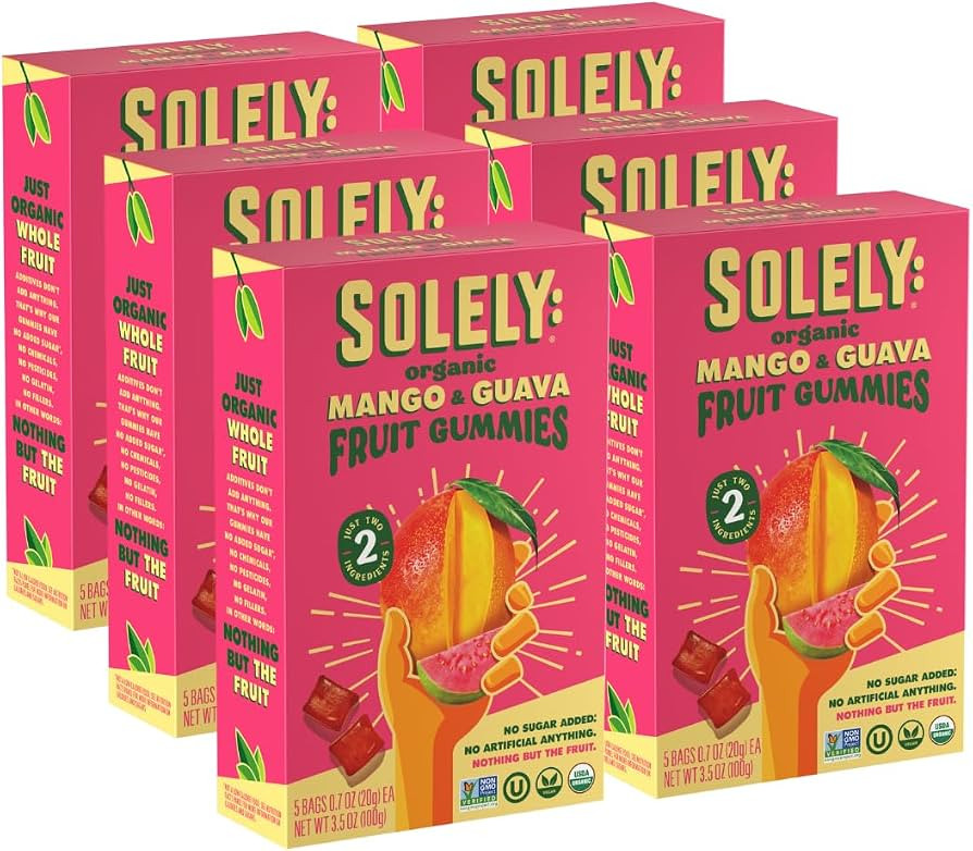 SOLELY - Organic Mango & Guava Whole Fruit Gummies (Pack of 6 Boxes, 5 Bags per Box) - School Sna... | Amazon (US)