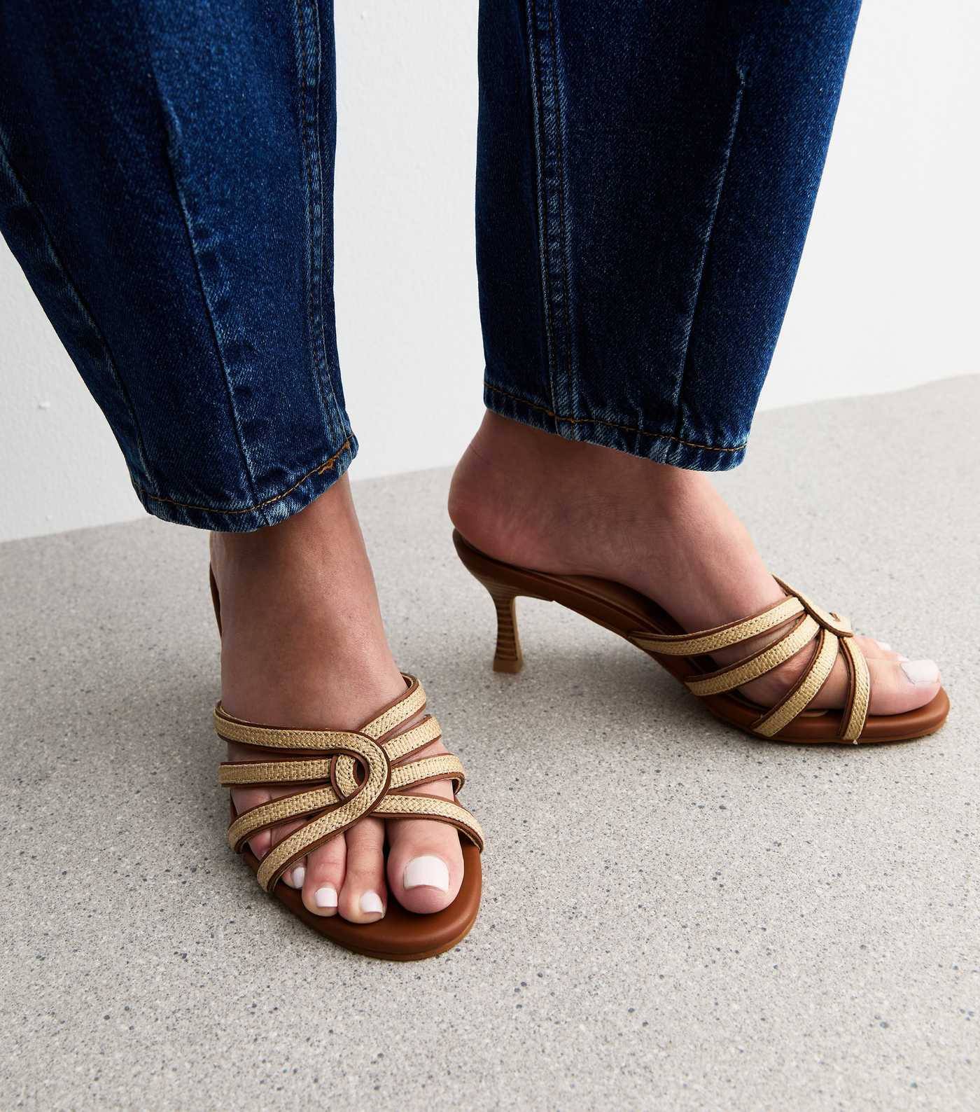 Wide Fit Camel Raffia Look Kitten Heel Sandals | New Look | New Look (UK)