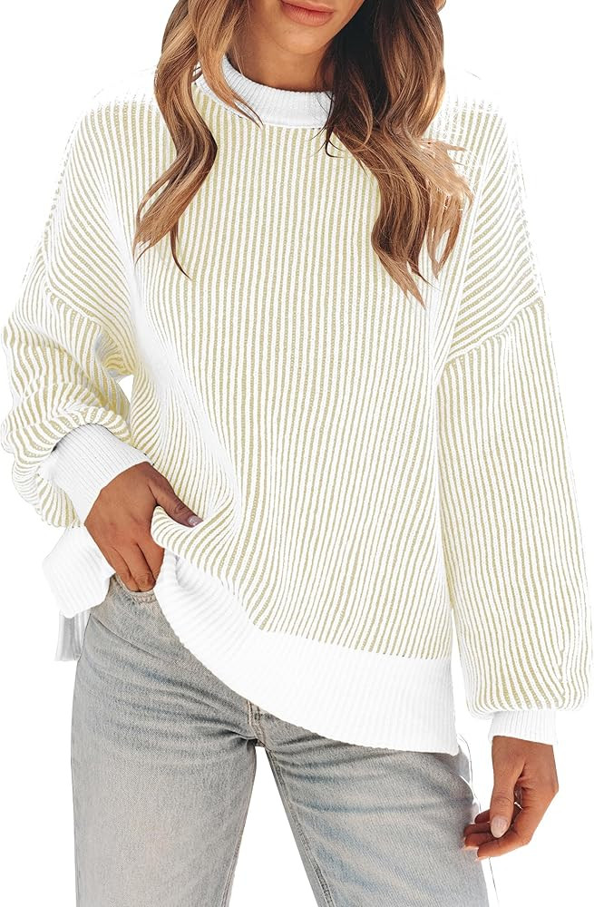 Womens Sweaters Fall 2024 Clothes Oversized Long Sleeve Colorblock Striped Knit Pullover Tops Cas... | Amazon (US)