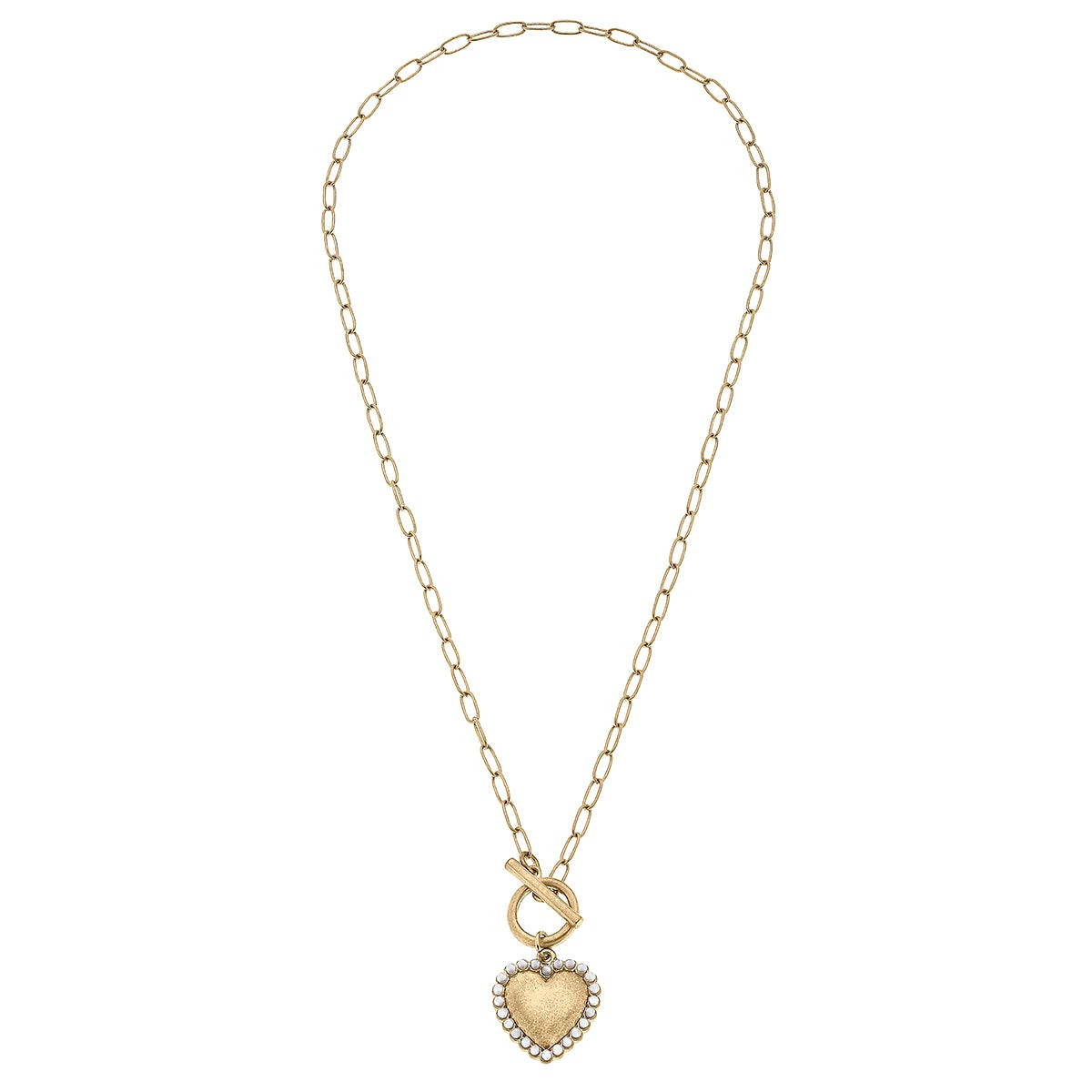 CANVAS Style x @ChappleChandler Molly Pearl Studded Heart T-Bar Necklace in Worn Gold | CANVAS