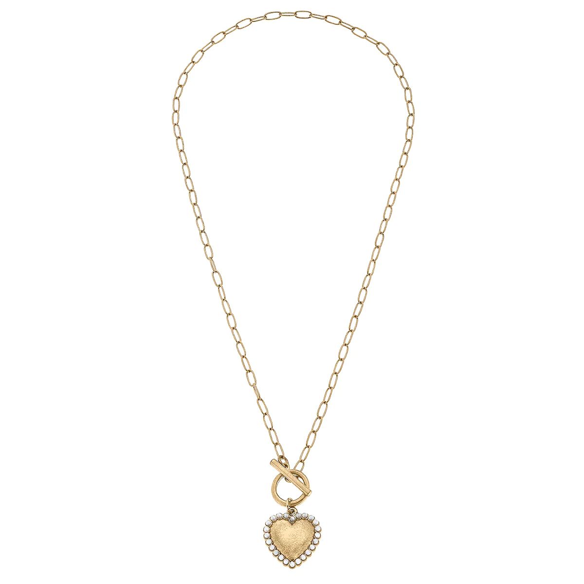 CANVAS Style x @ChappleChandler Molly Pearl Studded Heart T-Bar Necklace in Worn Gold | CANVAS