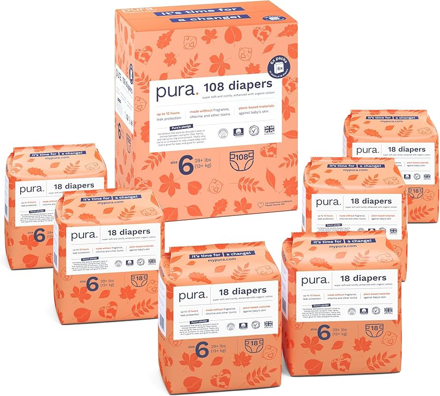 Pura Size 6 Eco-Friendly Diapers (29+ lbs) Totally Chlorine Free (TCF),Hypoallergenic, Soft Organ... | Amazon (US)