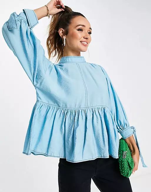 ASOS DESIGN high neck kimono smock top with volume sleeve and contrast stitching in blue | ASOS | ASOS (Global)