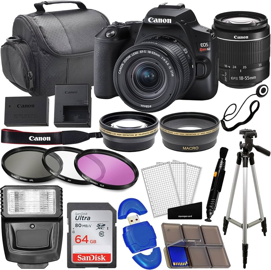 Canon EOS Rebel SL3 DSLR Camera with EF-S 18-55mm Lens Bundle: 3 Lens Kit, 64GB Memory, Wide Angl... | Amazon (US)