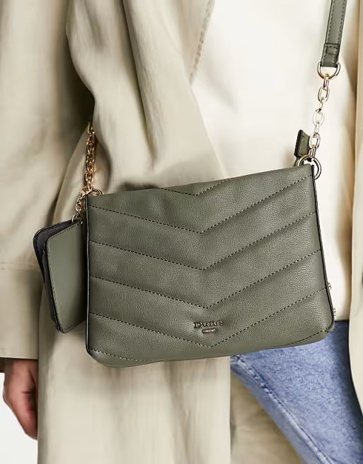 Dune chevron flap over crossbody bag in khaki | ASOS (Global)