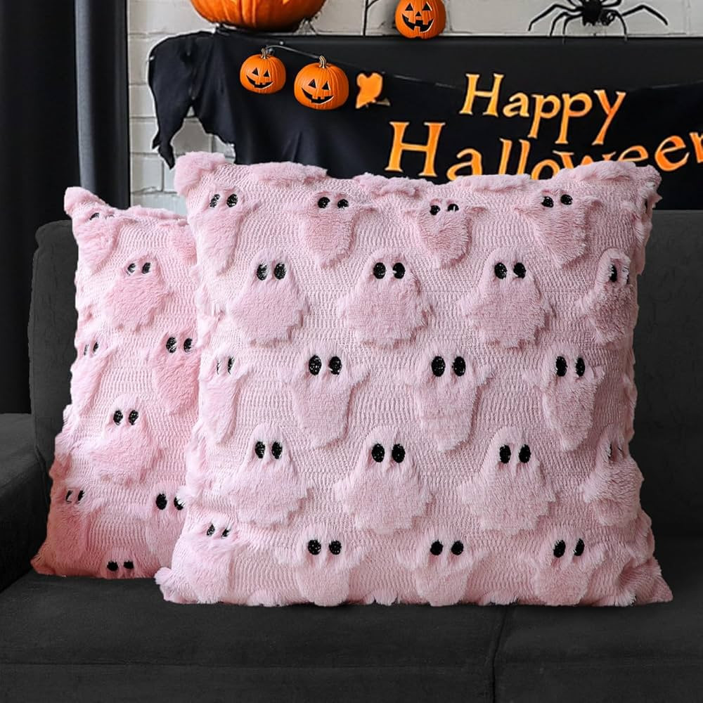 4TH Emotion Halloween Ghost Decorative Pillow Covers 18x18 Set of 2, Pink Soft Plush Faux Fur Far... | Amazon (US)