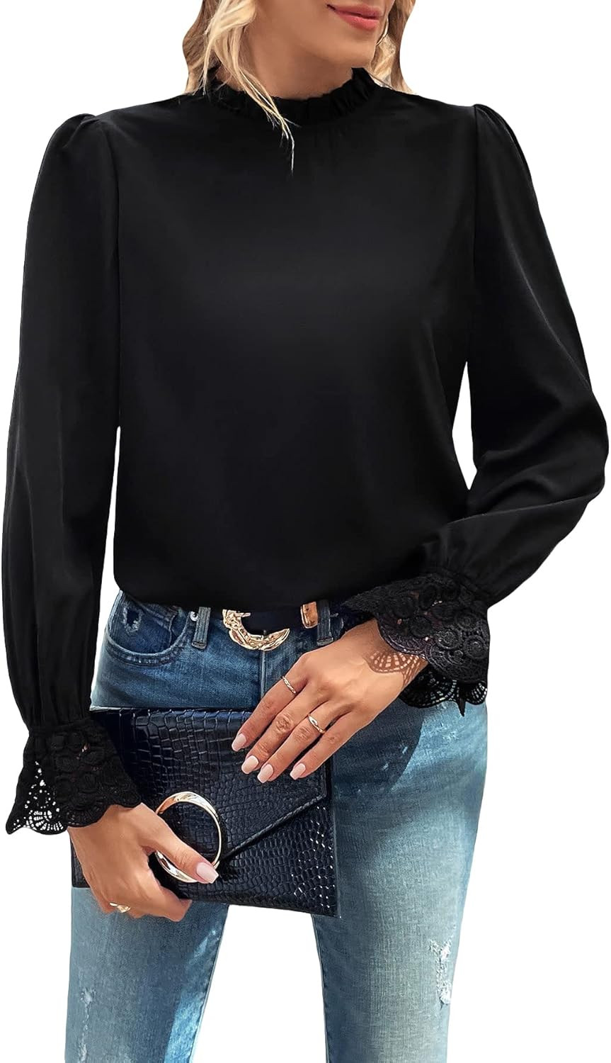 Floerns Women's Floral Print Ruffle Trim Long Sleeve Mock Neck Blouse Top | Amazon (US)