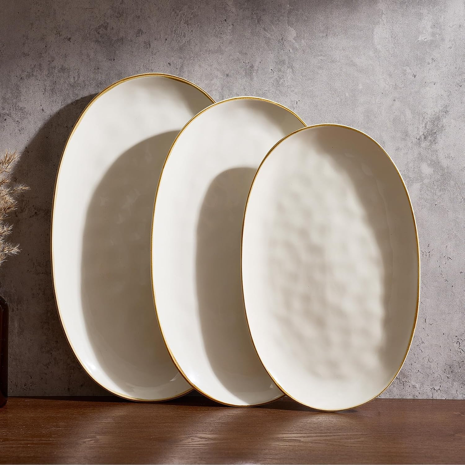 famiware Serving Platter, Oval 15.59/14.3/12.9inch Serving Dishes for Entertaining, Serving Bowls, Microwave Safe, Stoneware Serving Trays for Party, Food, Turkey, Cheese, Ocean Series, Vanilla White | Amazon (US)