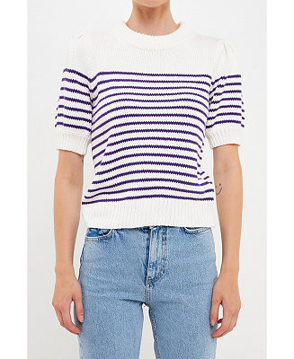 Women's Stripe Short Puff Sleeve Sweater | Macy's