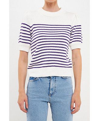 Women's Stripe Short Puff Sleeve Sweater | Macy's