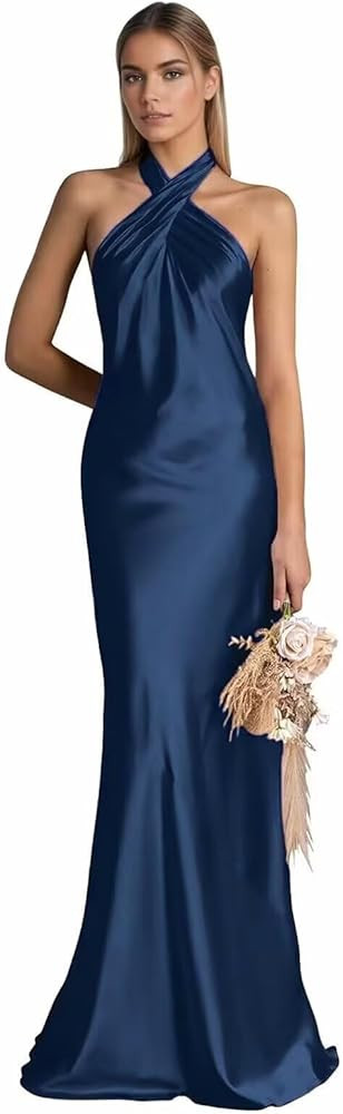 Halter Satin Bridesmaid Dresses for Women Mermaid Pleated Wedding Guest Dress Floor Length Evenin... | Amazon (US)