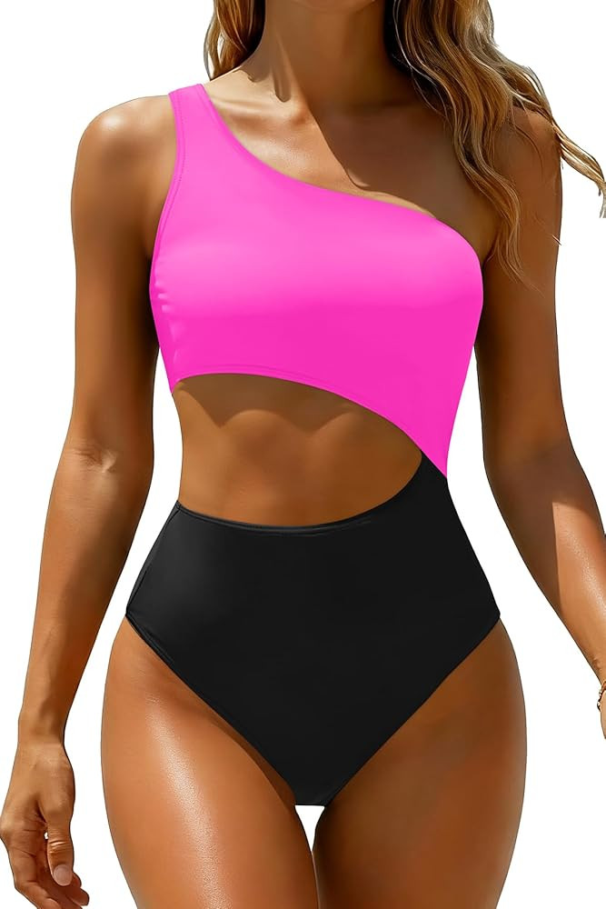Yonique Women's One Piece Swimsuit- One Shoulder Bathing Suit Cutout Tummy Control Swimwear Pink ... | Amazon (US)