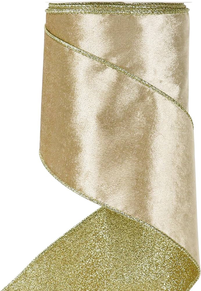 HUIHUANG Champagne Velvet Wired Ribbon 4 inch Christmas Tree Ribbon Double-Sided Glitter Gold and... | Amazon (US)