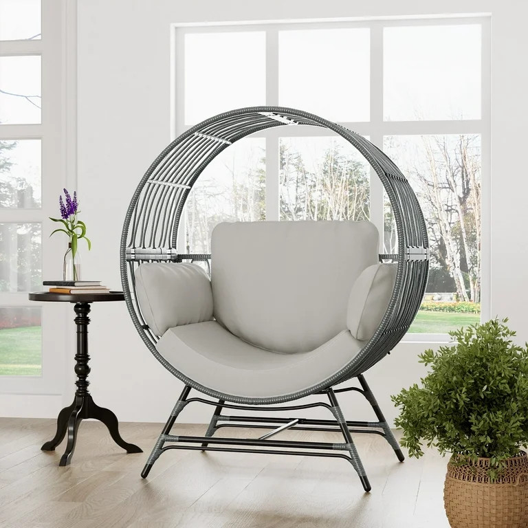 Wicker Round Egg Chair, Oversized Indoor Outdoor Lounger for Patio Living Room, w/ 4 Cushions, St... | Walmart (US)
