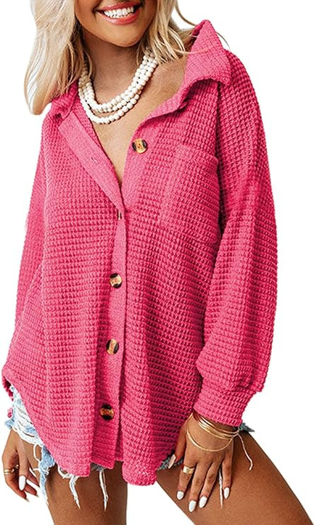 SHEWIN Womens Button Down Shirts Waffle Knit Shacket Jacket Long Sleeve Blouses Tops | Amazon (US)