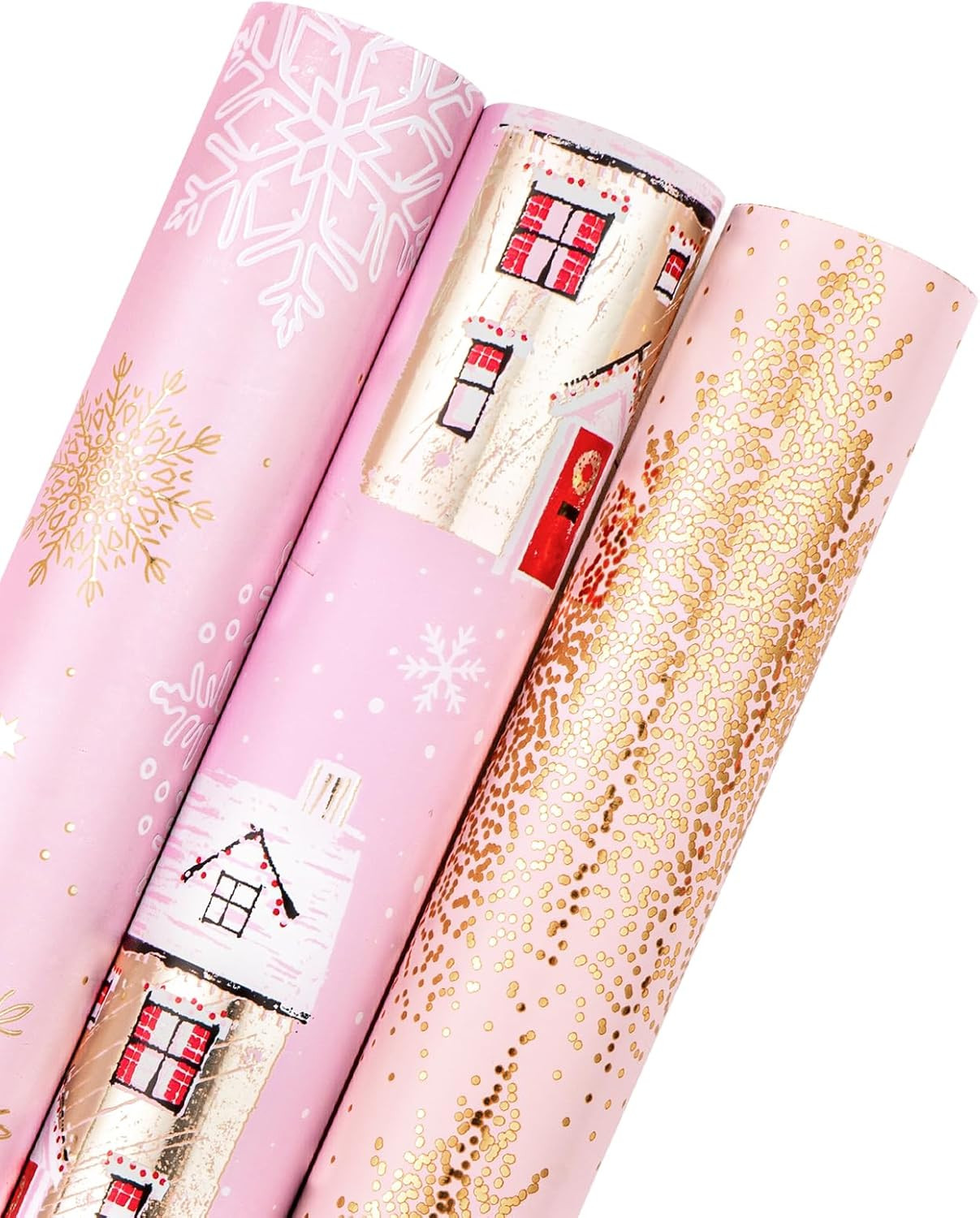 WRAPAHOLIC Christmas Wrapping Paper Roll - Mini Roll - 3 Rolls - 17 Inch X 120 Inch Per Roll - Pink and Gold House, Christmas tree, Snowflake Holiday Collection with Metallic Foil Shine | Amazon (US)