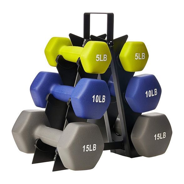 HolaHatha 5, 10, and 15 Pound Neoprene Dumbbell Free Hand Weight Set with Storage Rack, Ideal for... | Target