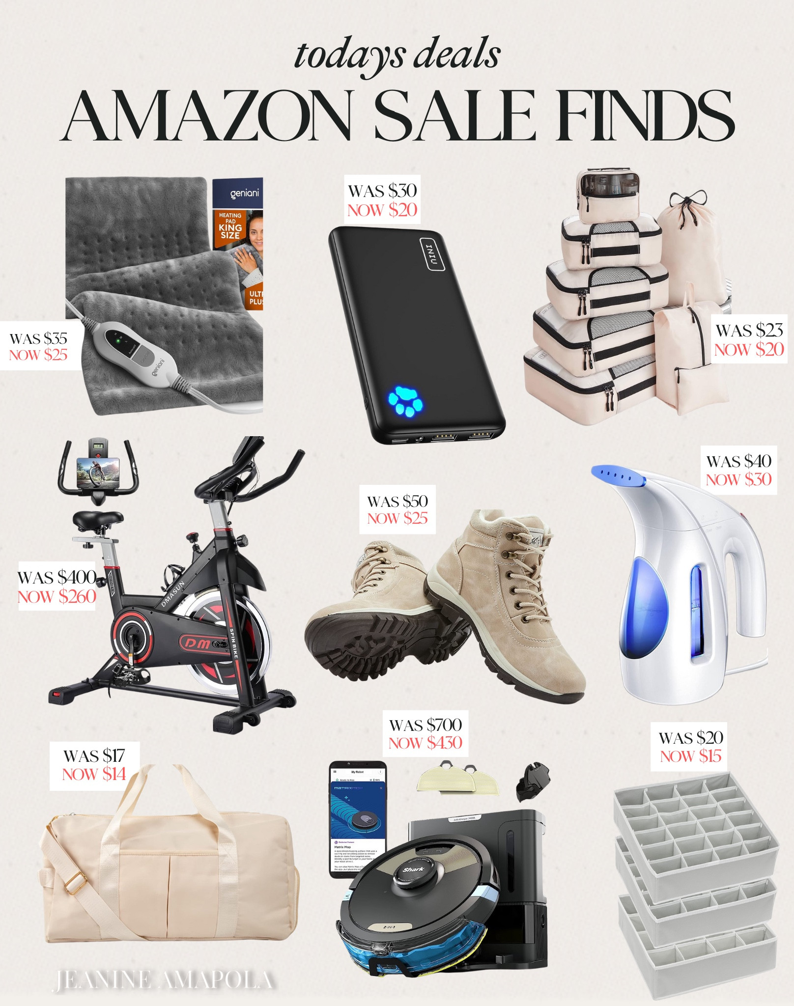 Today’s deals Amazon 🙌🏻🙌🏻

Packing cubes, portable, telephone storage, heated, blanket, exercise, bicycle, winter, boots, Robo, vacuum, duffel bag, steamer 

#LTKtravel #LTKSeasonal #LTKsalealert