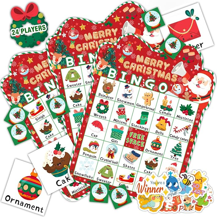 39Pcs Christmas Bingo Game for Kids Adults 24 Players Bingo Cards Christmas Games with Reward Sti... | Amazon (US)