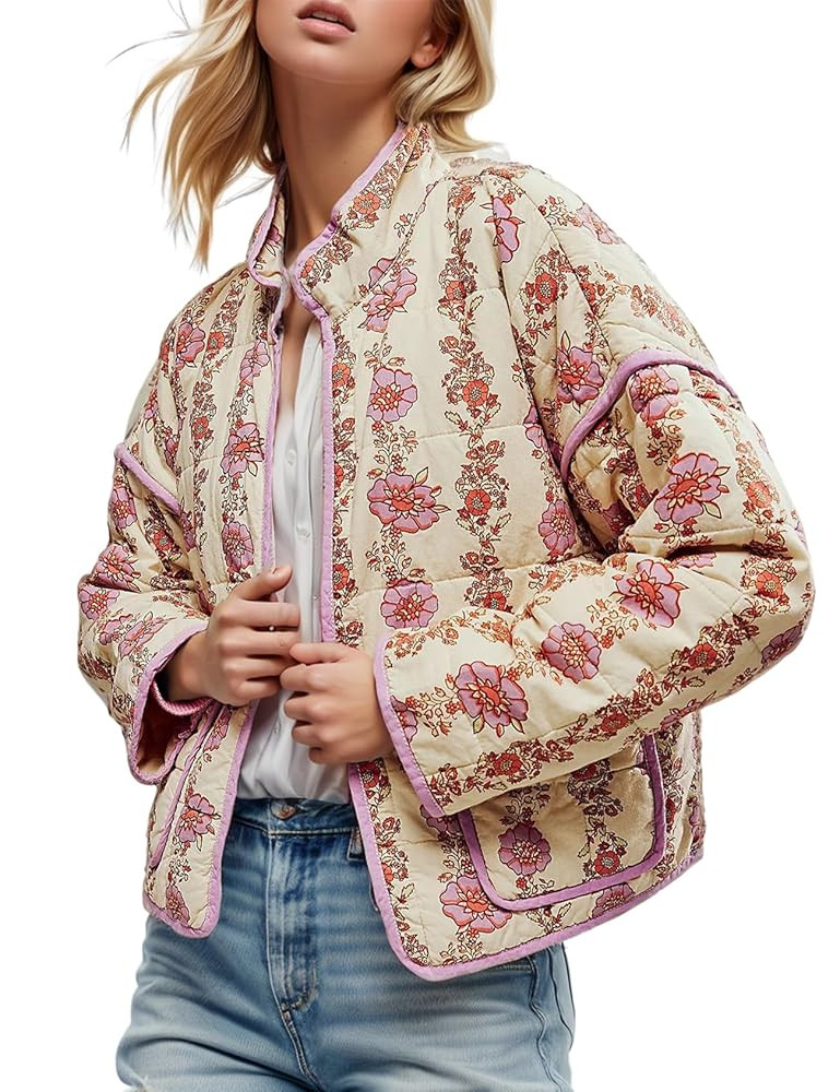 Yimoon Women's Cropped Puffer Quilted Jacket Vintage Floral Print Open Front Lightweight Short Ja... | Amazon (US)