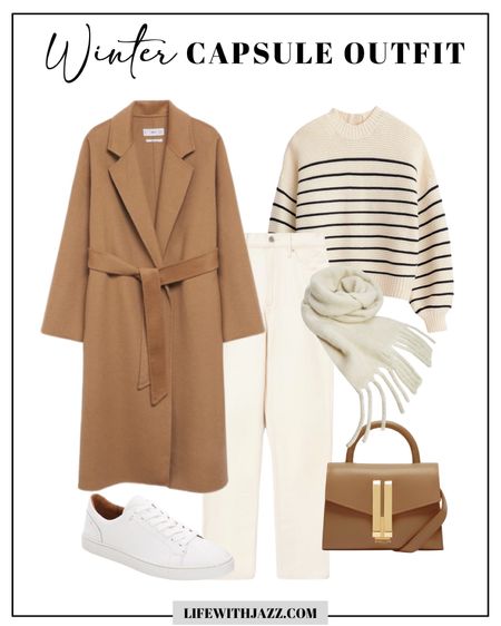 Winter capsule outfit 

Belted camel coat xs 
Striped sweater xs
Straight leg jean - I size down in madewell 
Fringed scarf 
Camel tote 
White sneakers 

#LTKworkwear #LTKunder100 #LTKSeasonal