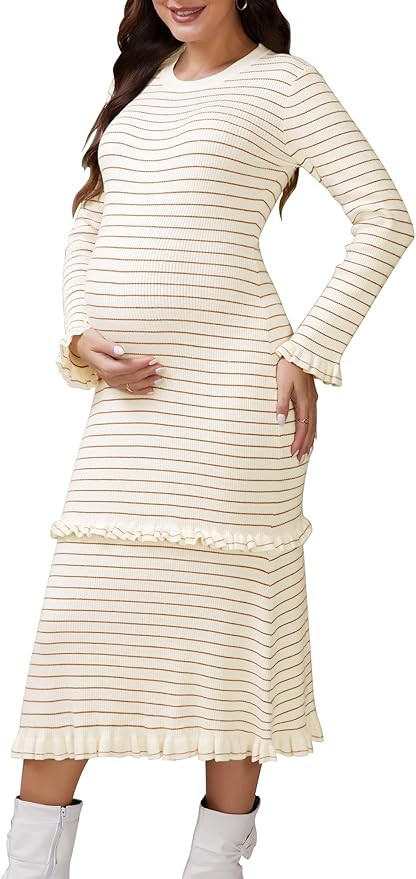 Women's Maternity Sweater Dress Ribbed Knit Stripped Tiered Ruffle Long Sleeve Midi Dresses Fall ... | Amazon (US)