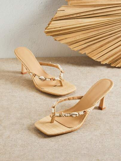 SHUZIA Women's Minimalist Fashion Comfy Seashell Decor Square Toe Stiletto Heel Thong Sandals Sum... | SHEIN