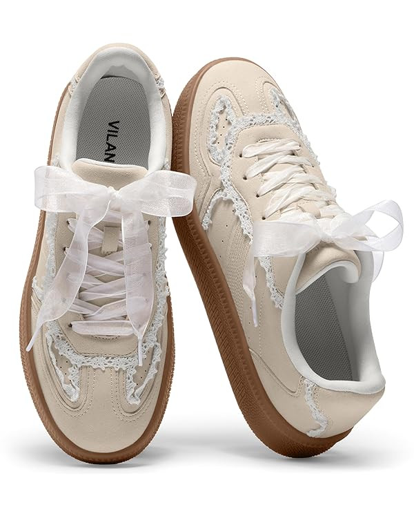 Vilanva Women's Lace Detail Fashion Sneakers Comfortable Casual Dress Sneakers with Retro Gum Sol... | Amazon (US)
