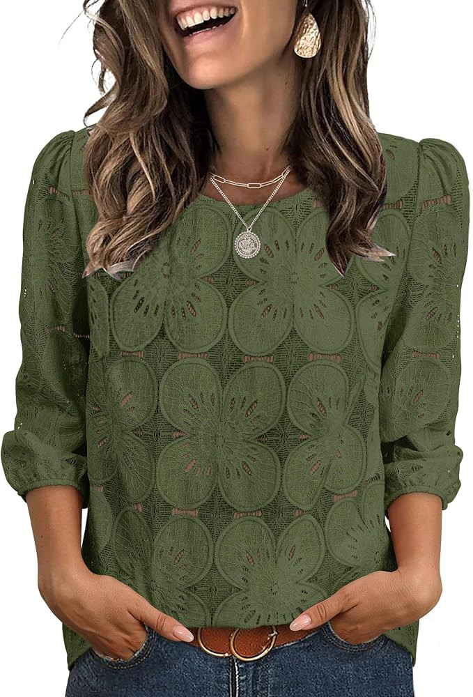 Sampeel Women Blouses Dressy Casual 3/4 Length Sleeve Tops Eyelet Lace Spring Summer Shirts Beach... | Amazon (US)