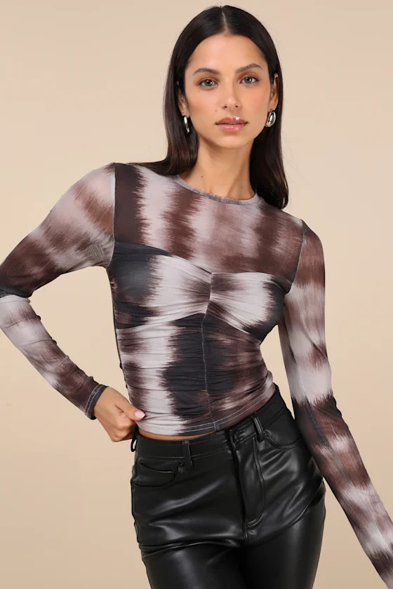 Instant Trend Grey and Brown Ombre Mesh Ruched Long Sleeve Top | Lulus